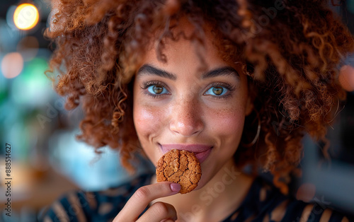 Happy young woman looking at the camera while enjoying a cookie, smiling.