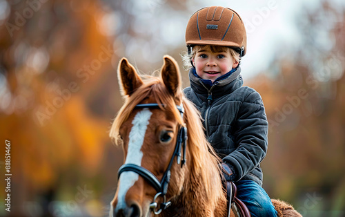 Happy child enjoying a horseback riding lesson, wearing a safety helmet, looking at the camera with a big smile.