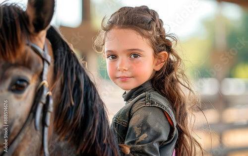 Joyful girl in equitation training, wearing a helmet, riding a horse and smiling at the camera.