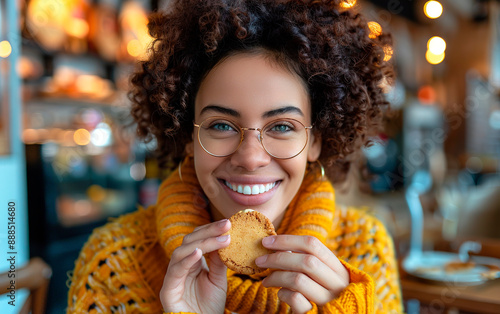 Cheerful young woman smiling at the camera while having a cookie.