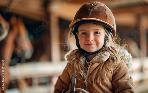 Cheerful girl participating in a horse riding lesson, equipped with a safety helmet, looking at the camera, riding confidently.
