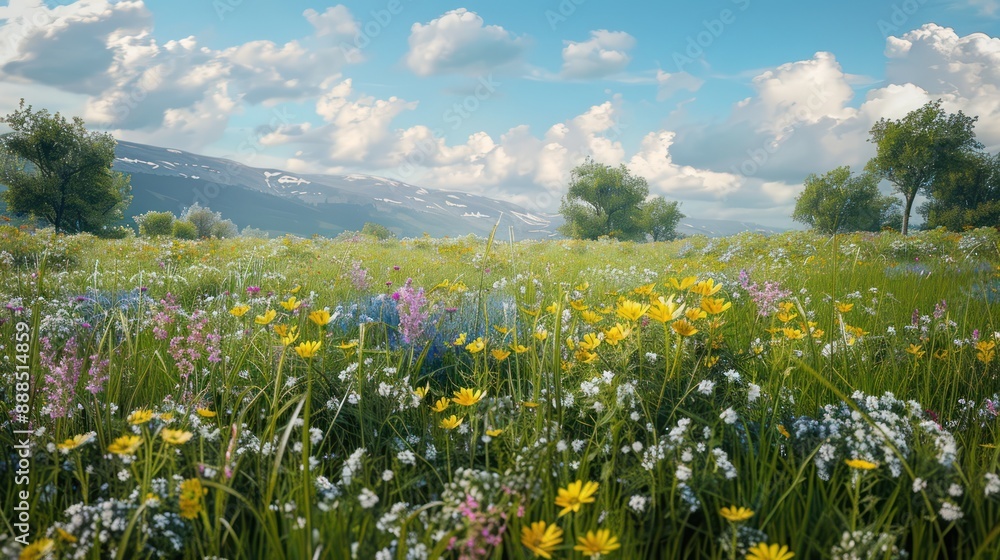 A tranquil meadow with wildflowers in full bloom A tranquil meadow with wildflowers in full bloom