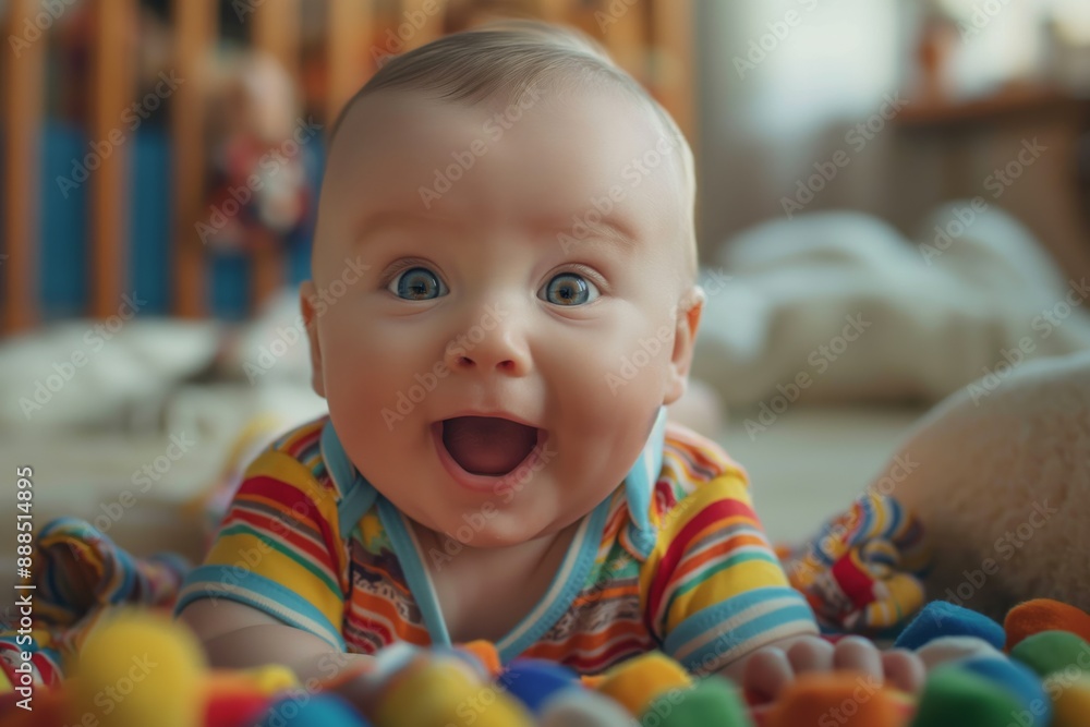 Smiling baby in colorful striped clothes lying with toys Smiling baby in colorful striped clothes lying with toys