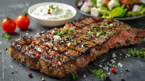 Greekstyle steak cut out mockup an isolated minimalistic background with tzatziki sauce and Greek salad photo