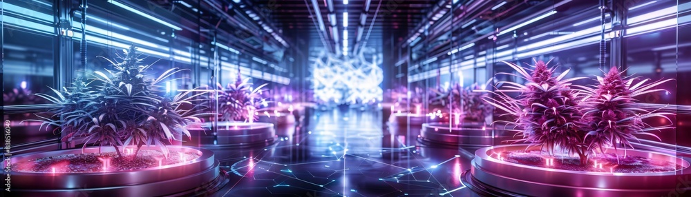 Futuristic hydroponic garden with neon lights and advanced technology, showcasing vibrant plant growth in a high-tech environment. Futuristic hydroponic garden with neon lights and advanced technology, showcasing vibrant plant growth in a high-tech environment.