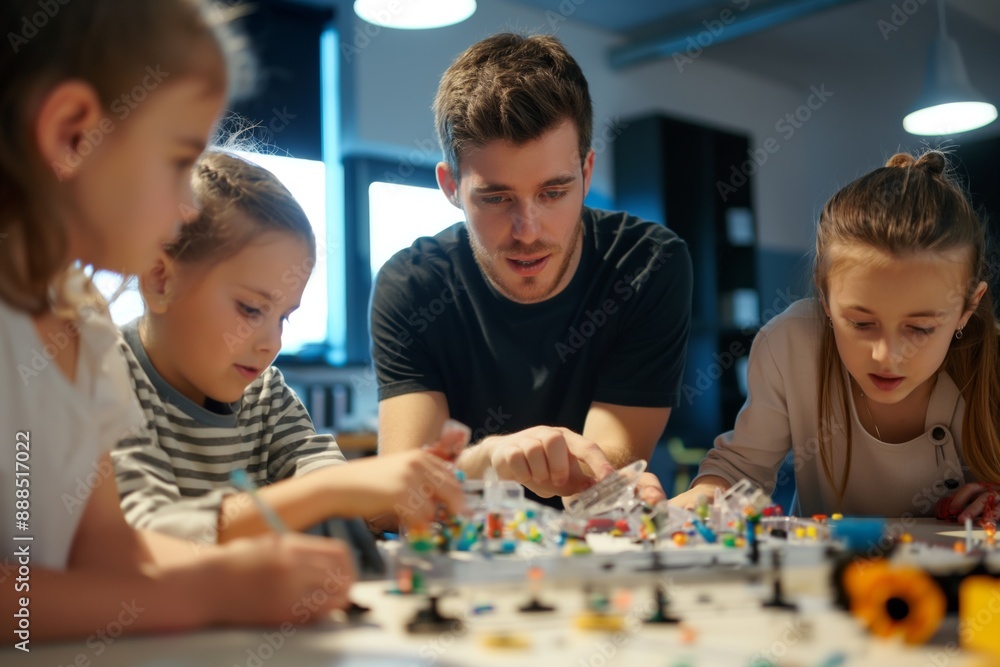 Man and children playing with educational board game together learning concept Man and children playing with educational board game together learning concept