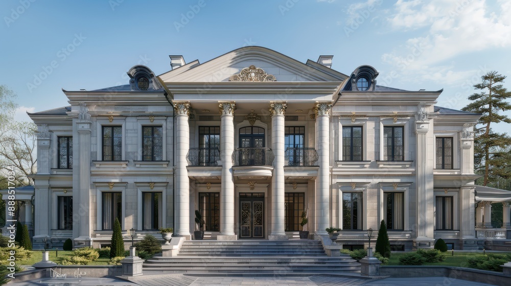 Obraz premium Home building with classic architectural design, detailed craftsmanship, realistic setting, high resolution, buyer appeal