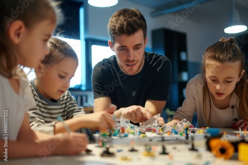 Man and children playing with educational board game together learning concept photo