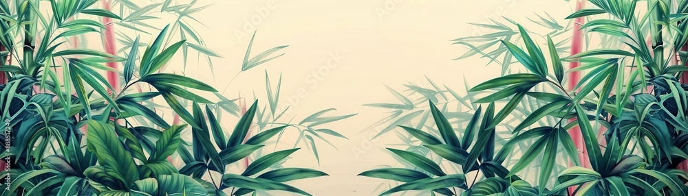 Fototapeta premium tropical leaves flat design bamboo top view zen garden theme cartoon drawing colored pastel