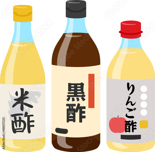 ビン入りの米酢、黒酢、リンゴ酢