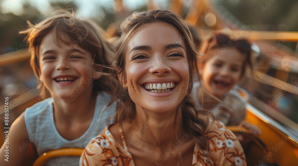 Mother and two children family riding a rollercoaster at an amusement park experiencing excitement, joy, laughter, and fun