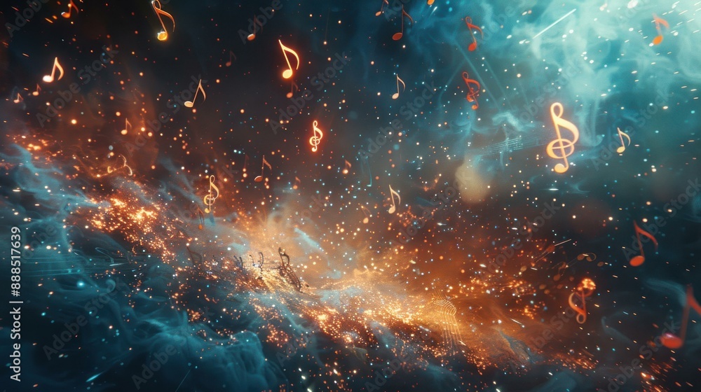 A stunning 3D rendering of floating musical notes in a surreal, colorful space. The scene is filled with bright light streaks and vibrant particles, creating a whimsical and cosmic atmosphere. A stunning 3D rendering of floating musical notes in a surreal, colorful space. The scene is filled with bright light streaks and vibrant particles, creating a whimsical and cosmic atmosphere.