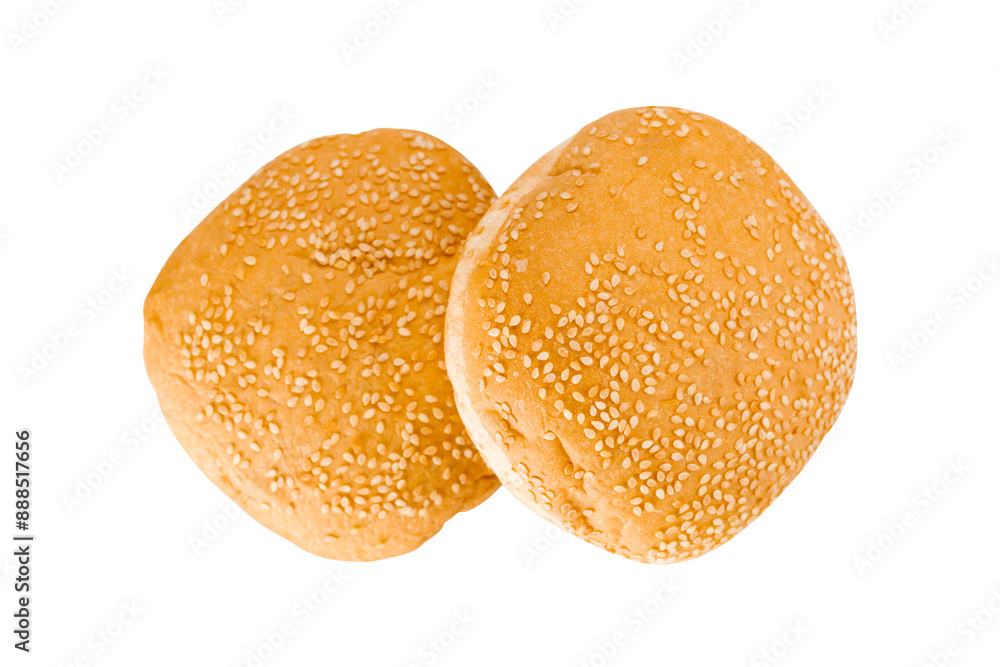 Top view of burger bun with sesame seeds isolated on white background with clipping path. Top view of burger bun with sesame seeds isolated on white background with clipping path.