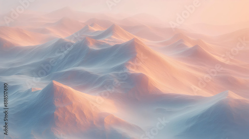 Dreamy Sunrise Over Snowy Mountain Peaks with Soft Pink and Blue Hues in Serene Winter Landscape
