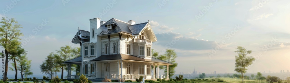 Classic design house model, home security integration, realistic background, high resolution, detailed craftsmanship Classic design house model, home security integration, realistic background, high resolution, detailed craftsmanship