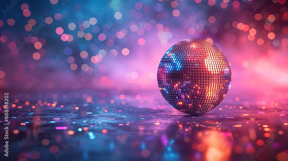 Obraz premium Disco ball sphere with colorful disco lights for party nights , wallpaper background with copy space 
