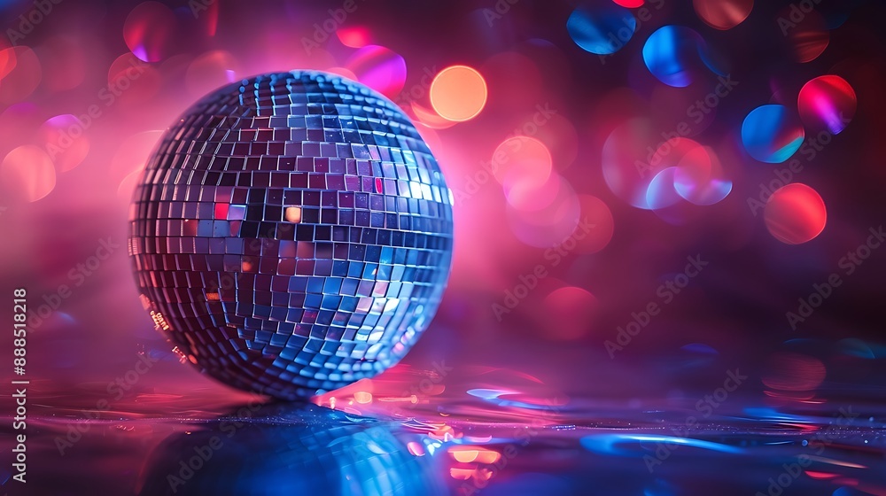 Fototapeta premium Disco ball sphere with colorful disco lights for party nights , wallpaper background with copy space 