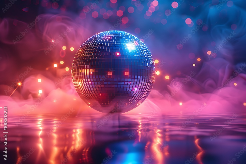 Obraz premium Disco ball sphere with colorful disco lights for party nights , wallpaper background with copy space 