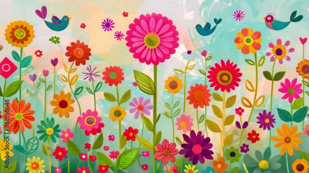 A field of vibrant flowers and birds enjoying the sunny day. A field of vibrant flowers and birds enjoying the sunny day.