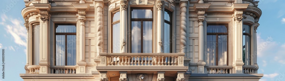 Fototapeta premium Real estate investment property, classic architecture, detailed facade, realistic background, high resolution, showcasing design details