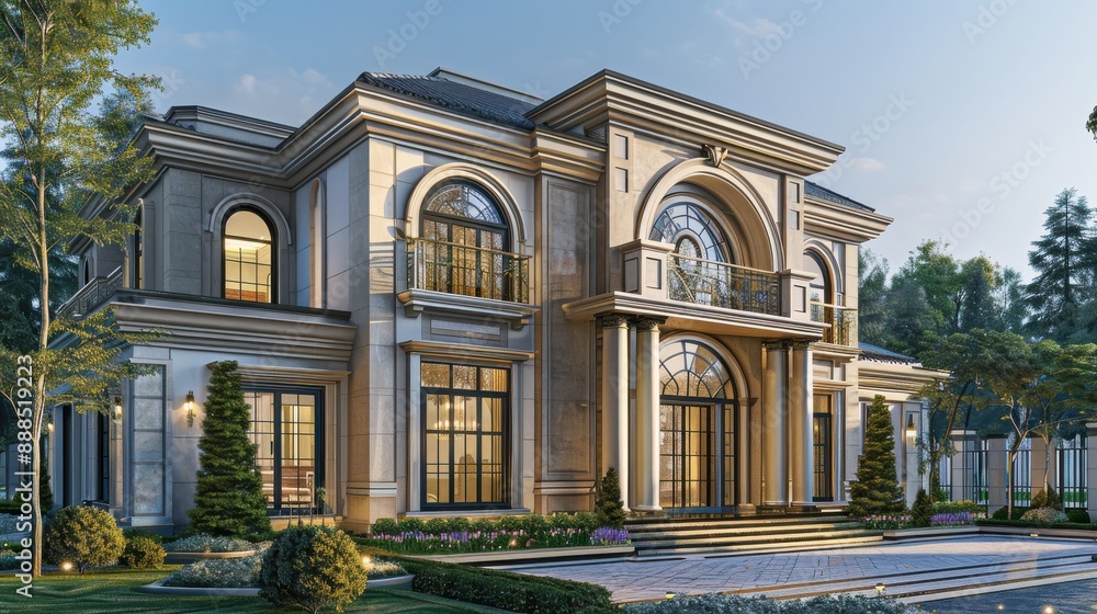 Fototapeta premium Building a home with classic design, detailed architecture, realistic setting, high resolution, buyer attraction