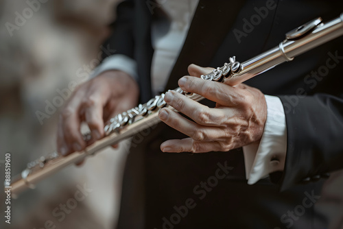 Exquisite Flute Performance: A Close-Up of a Professional Musician in Elegant Attire