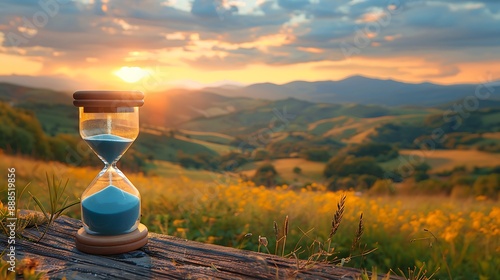  Slow life background with copy space, slowlife with an hourglass and a calm field backdrop  photo