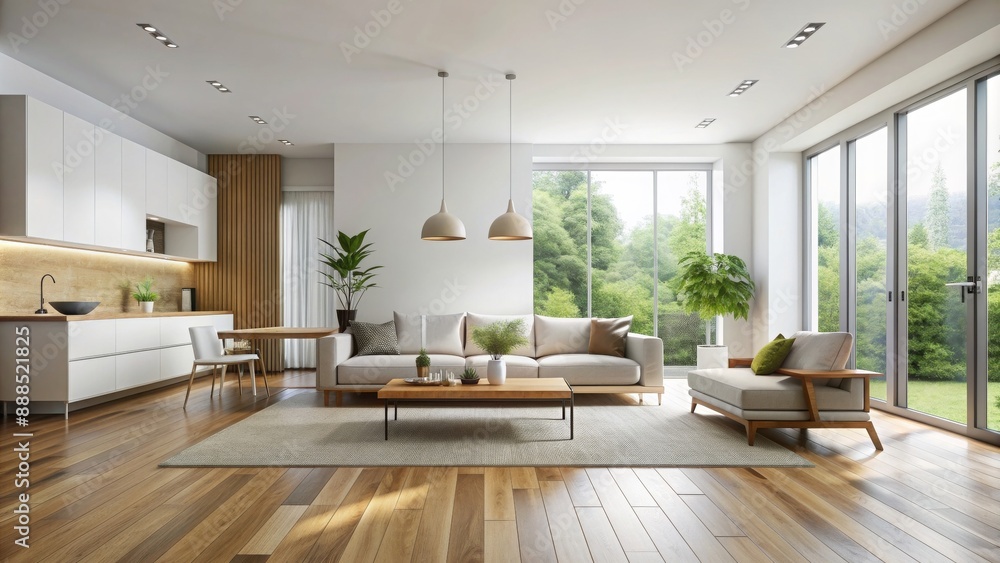 Fototapeta premium Modern minimalistic house interior with white walls, hardwood floors