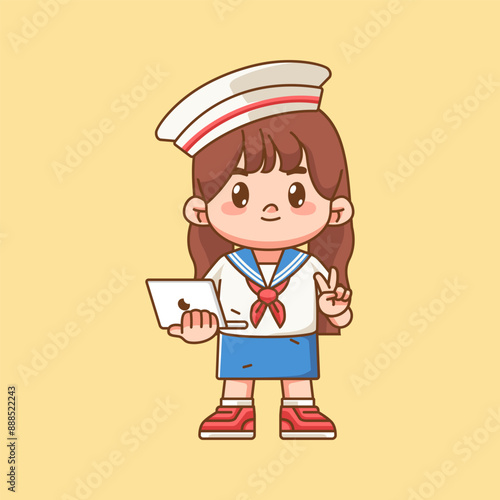 Cute girl wear sailor uniform hold laptop kawaii chibi character mascot illustration outline style design