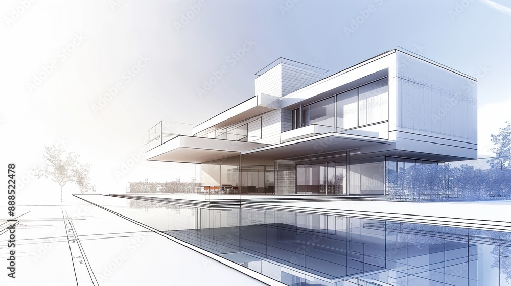 Fototapeta premium Innovative architectural blueprint, modern home improvement, detailed design, realistic background, high resolution, sleek lines