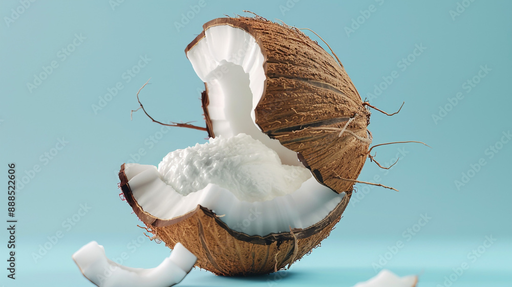 Closeup of broken coconut fruit on white background with space for caption Banner for spa healthy eating coconut oil for food and body. broken coconut, coconut fruit, white background, spa banner, Closeup of broken coconut fruit on white background with space for caption Banner for spa healthy eating coconut oil for food and body. broken coconut, coconut fruit, white background, spa banner,