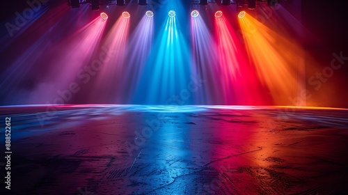  Banner background of an empty stage with colorful spotlights and copy space 