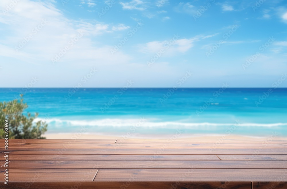 Fototapeta premium Wooden podium to present products with beach in the background. Minimalist and clean design in blue and wood. Mockup for branding, packaging