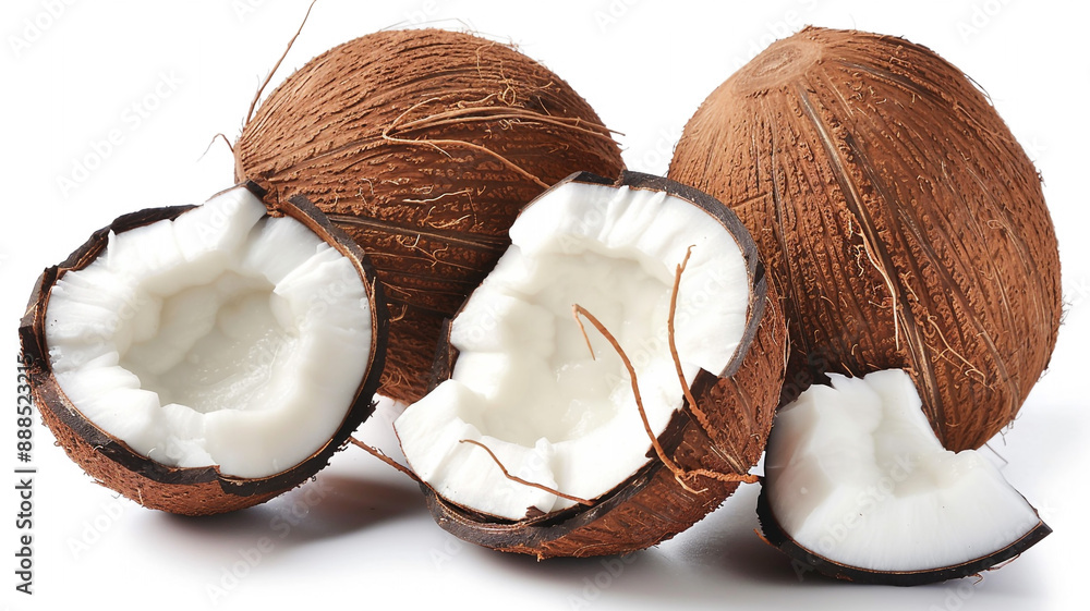 Closeup of broken coconut fruit on white background with space for caption Banner for spa healthy eating coconut oil for food and body. broken coconut, coconut fruit, white background, spa banner, Closeup of broken coconut fruit on white background with space for caption Banner for spa healthy eating coconut oil for food and body. broken coconut, coconut fruit, white background, spa banner,