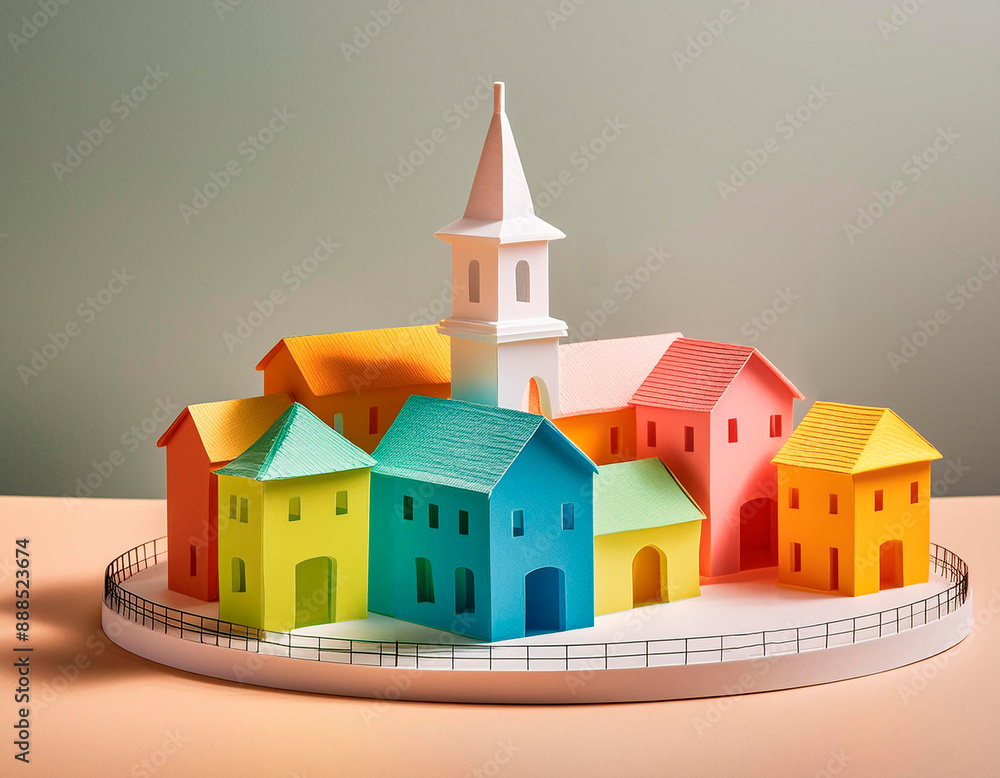 Vila feita de papel com igreja e casinhas coloridas. Modelo de papel sobre mesa em fundo de estúdio. Vila feita de papel com igreja e casinhas coloridas. Modelo de papel sobre mesa em fundo de estúdio.