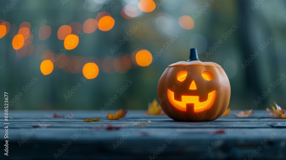A pumpkin with a smiley face on it sits on a table with autumn leaves A pumpkin with a smiley face on it sits on a table with autumn leaves