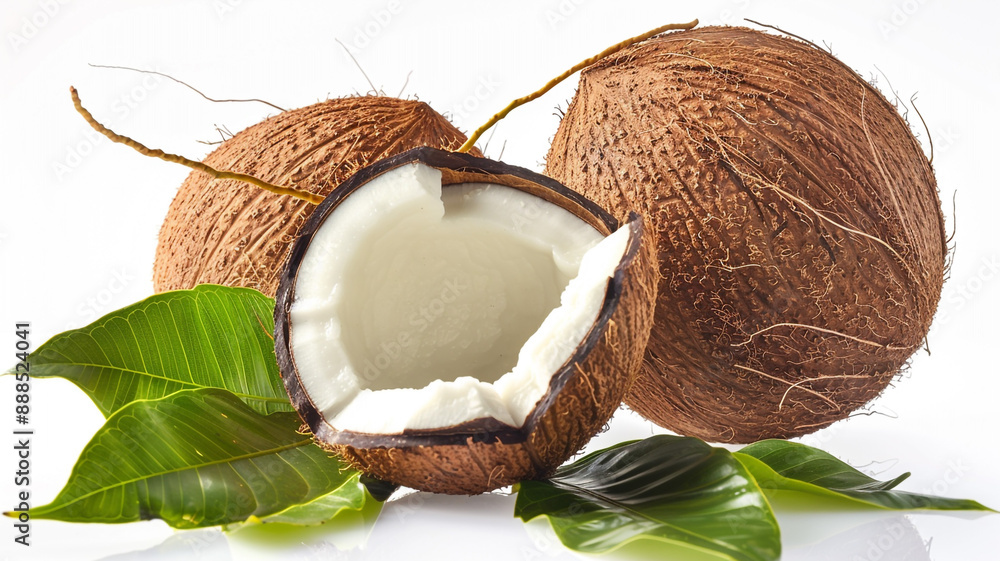 Closeup of broken coconut fruit on white background with space for caption Banner for spa healthy eating coconut oil for food and body. broken coconut, coconut fruit, white background, spa banner, Closeup of broken coconut fruit on white background with space for caption Banner for spa healthy eating coconut oil for food and body. broken coconut, coconut fruit, white background, spa banner,