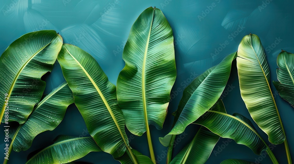 Obraz premium Banana leaves in closeup with fresh droplets, flat design, side view,, copy space for text