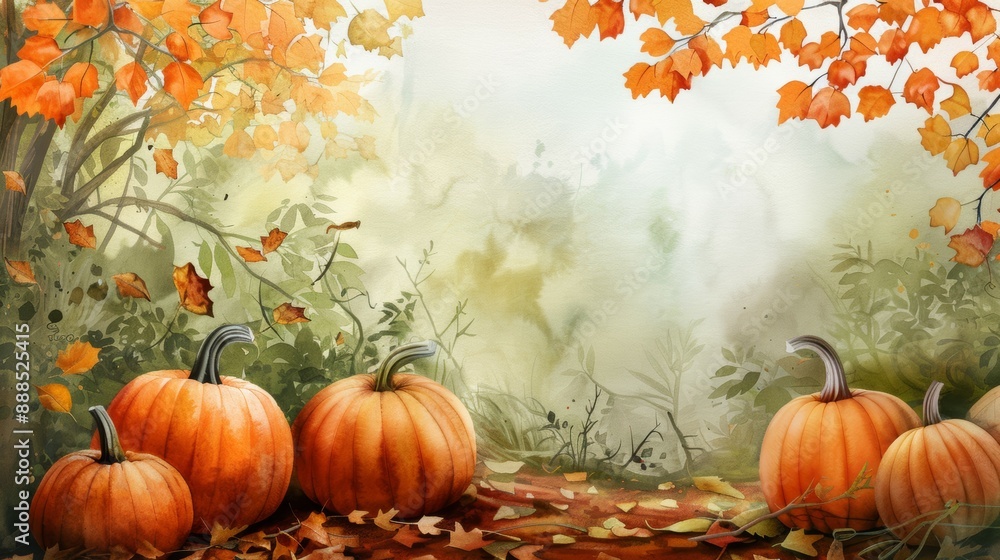 A painting of a forest with a few pumpkins on the ground A painting of a forest with a few pumpkins on the ground