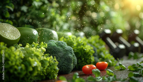  Fundo Desfocado para Seção Hero de Página de Curso de Emagrecimento com Tons Verdes e Imagens Indistintas de Comida Saudável e Ícones de Fitness IA Generativa photo