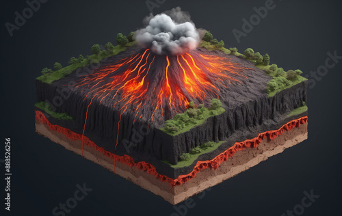 Cross-section of a piece of the earth's crust, different composition and dynamic processes in the earth's layers and the geological changes on the earth's mantle, volcanic activity