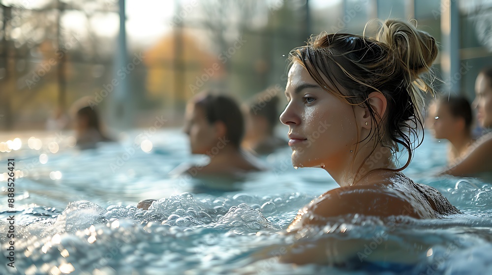 Fototapeta premium Active mature women enjoying aqua gym class in a pool, healthy retired lifestyle with seniors doing aqua fit sport