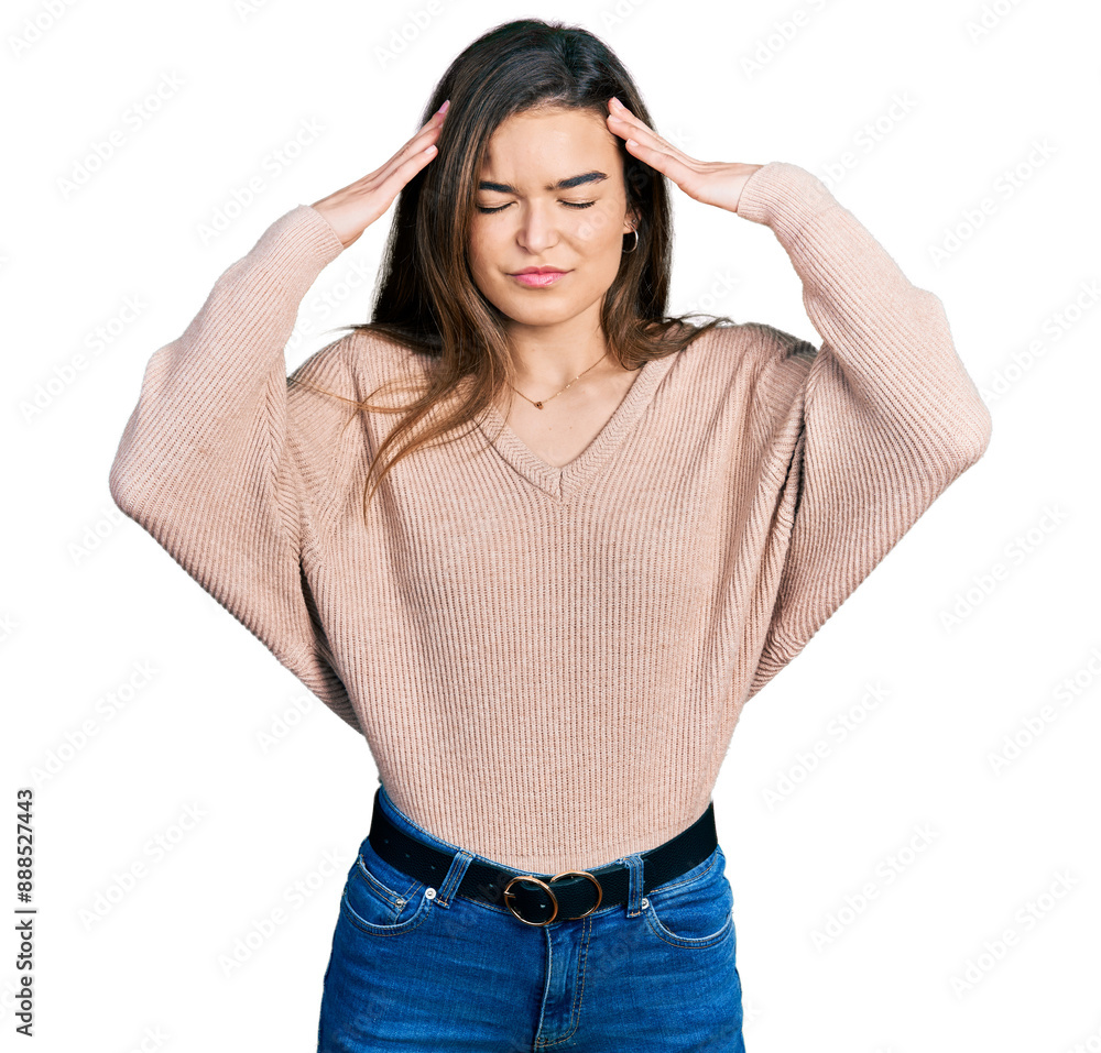 Young caucasian girl wearing casual clothes with hand on head, headache because stress. suffering migraine. Young caucasian girl wearing casual clothes with hand on head, headache because stress. suffering migraine.