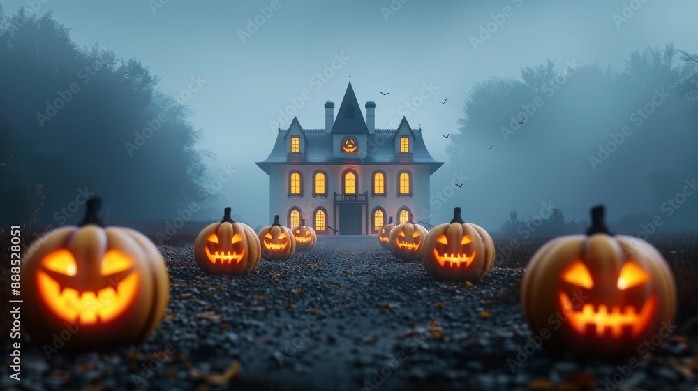 A house with a large number of pumpkins in front of it A house with a large number of pumpkins in front of it