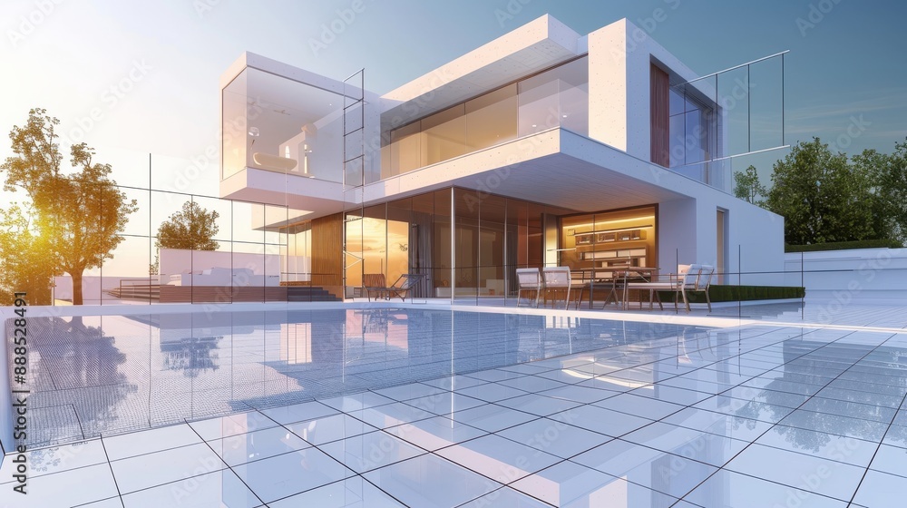 Modern home construction, innovative design elements, real estate investment focus, realistic setting, high resolution Modern home construction, innovative design elements, real estate investment focus, realistic setting, high resolution