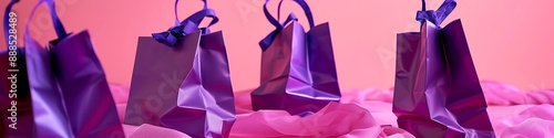 High-resolution image of purple shopping bags on pink backdrop, professional photograph, sharp focus, Sony Alpha A7 III.