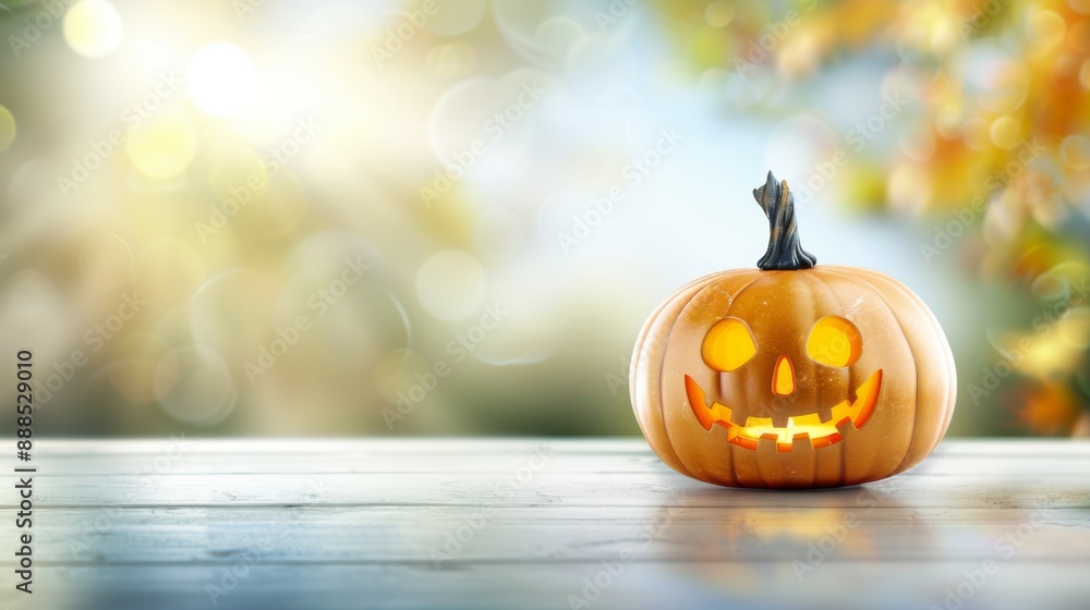 A pumpkin with a light on it is sitting on a wooden table A pumpkin with a light on it is sitting on a wooden table