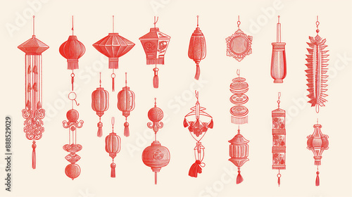 Hand drawn element set of red hanging decoration in Asian traditional market