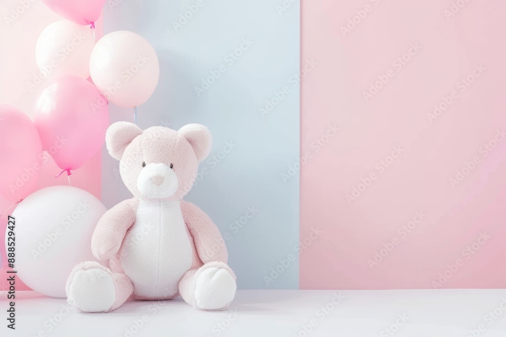 Pink teddy bear with balloons background soft toy plush childhood concept Pink teddy bear with balloons background soft toy plush childhood concept