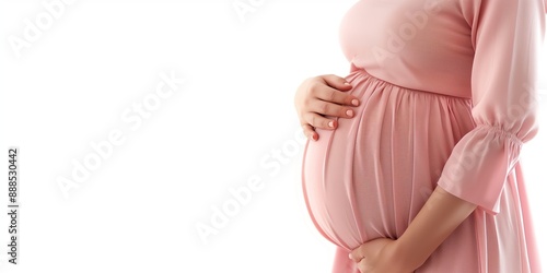 Pregnant woman cradling belly in pink dress healthy pregnancy concept maternal love expectant mother prenatal care motherhood baby bump gestation